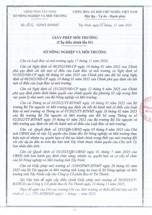 Giấy Phép Môi Trường - Nhà máy 1 - Điều chỉnh lần 01